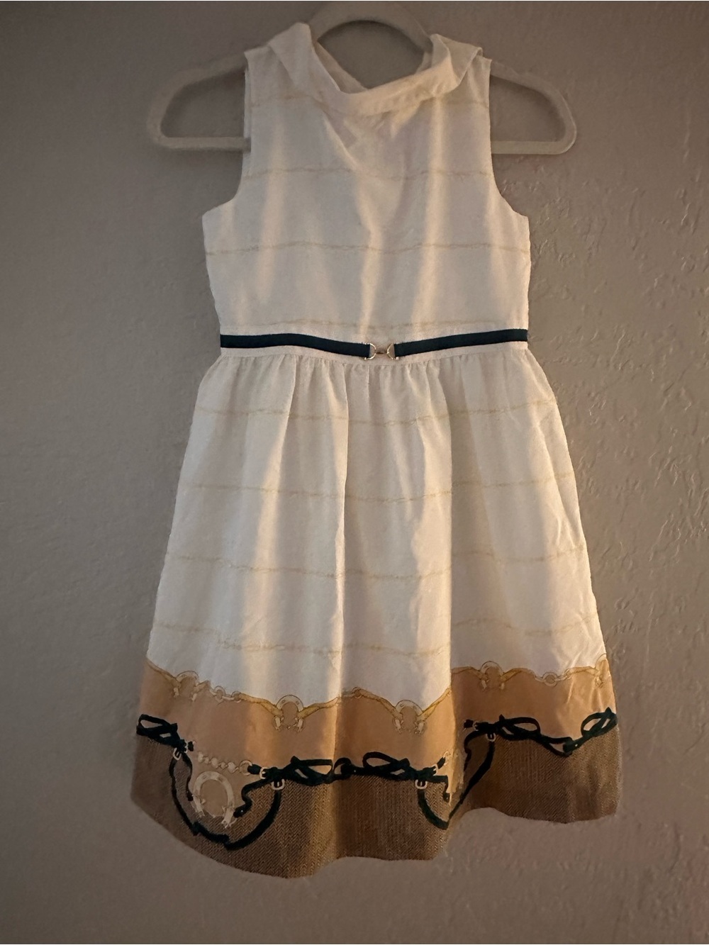 Janie and Jack White Dress with Gold and Tan Border and Navy Belt